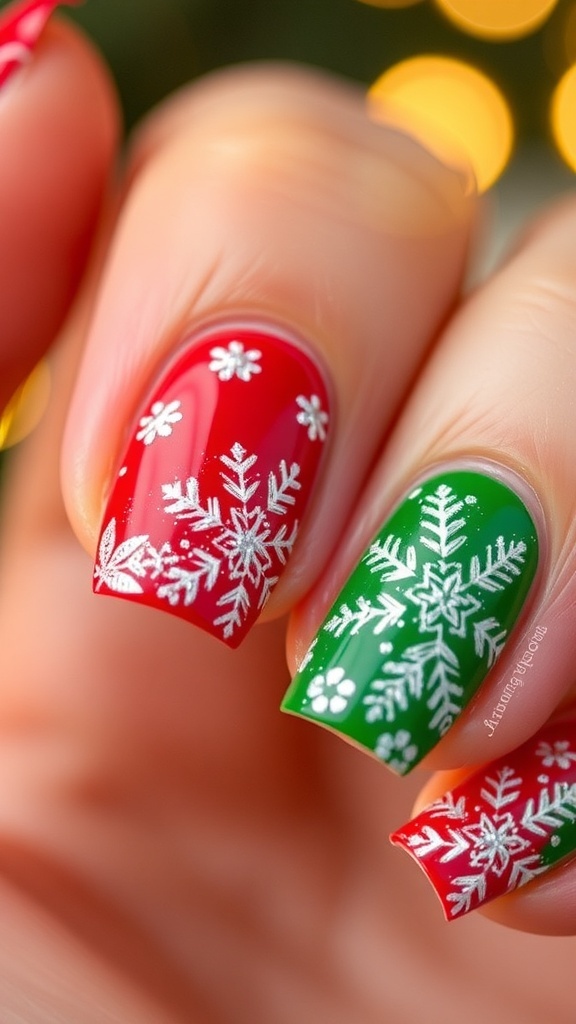 Festive Christmas Nail Designs for Over 50 Close-up of Christmas-themed nail art with red, green, and white designs, featuring snowflakes and glitter.